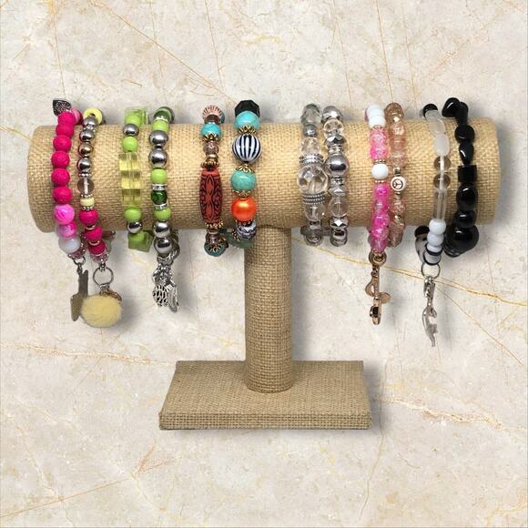 Rock Star Bracelet Set | 80s-Inspired Pink Glass Bead Stretchy Accessory - Picture 5 of 6